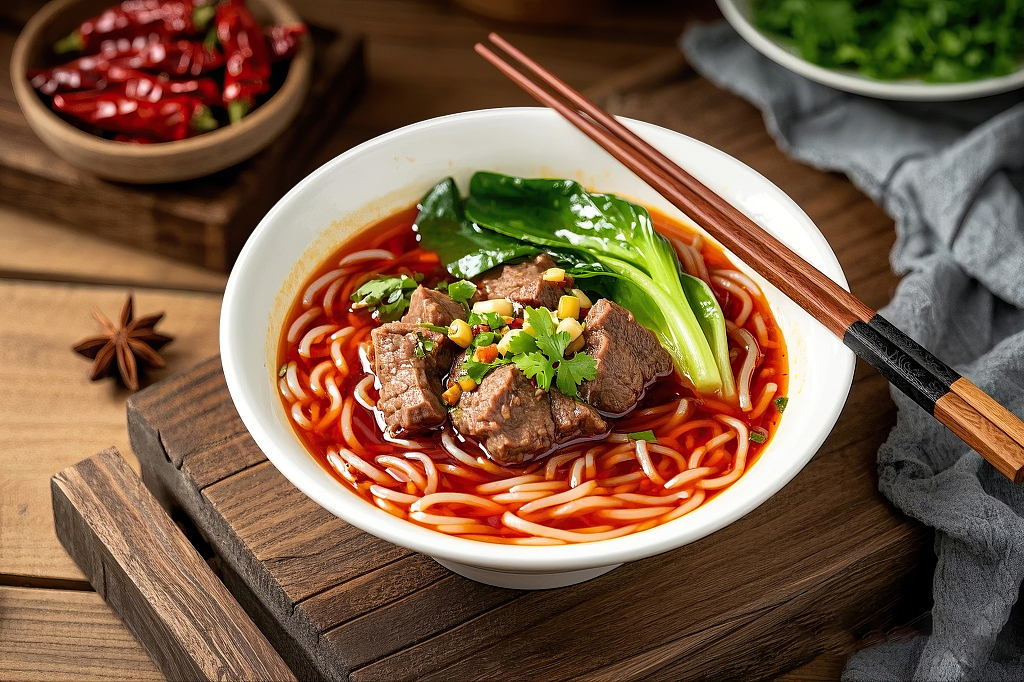 酸辣粉美食白色瓷碗盛着牛肉青菜的香气扑鼻的米线酸辣粉	AI