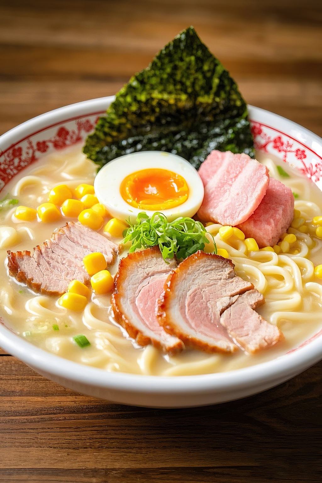 日式拉面豚骨拉面汤面美食红白花纹碗中丰富食材的美味日式豚骨拉面	AI