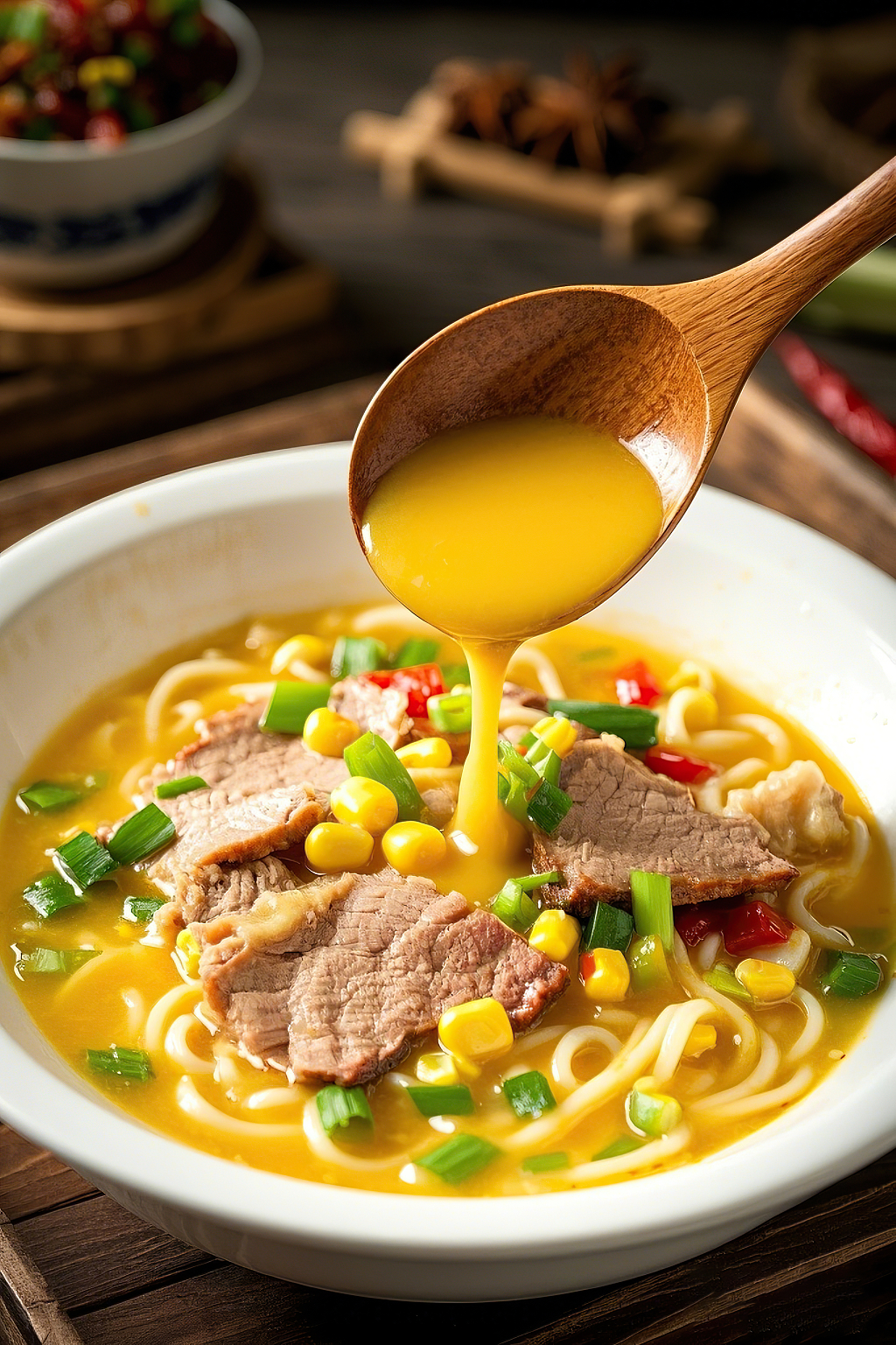 日式拉面豚骨拉面汤面美食木勺舀起金黄汤汁的美味牛肉玉米拉面豚骨拉面	AI