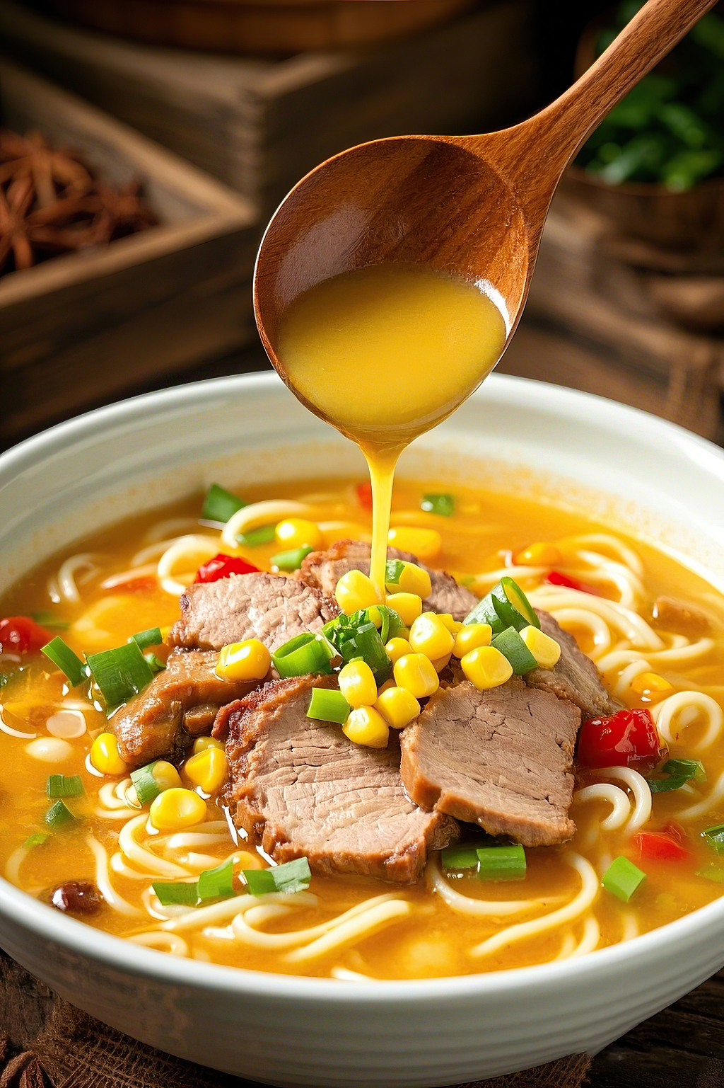 日式拉面豚骨拉面汤面美食木勺倾倒金黄汤汁的丰富配料牛肉拉面豚骨拉面AI