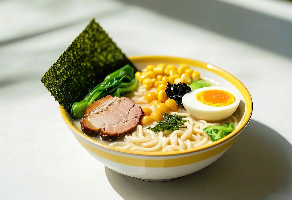 日式拉面豚骨拉面汤面美食黄白相间碗中食材多样的清新日式拉面	AI