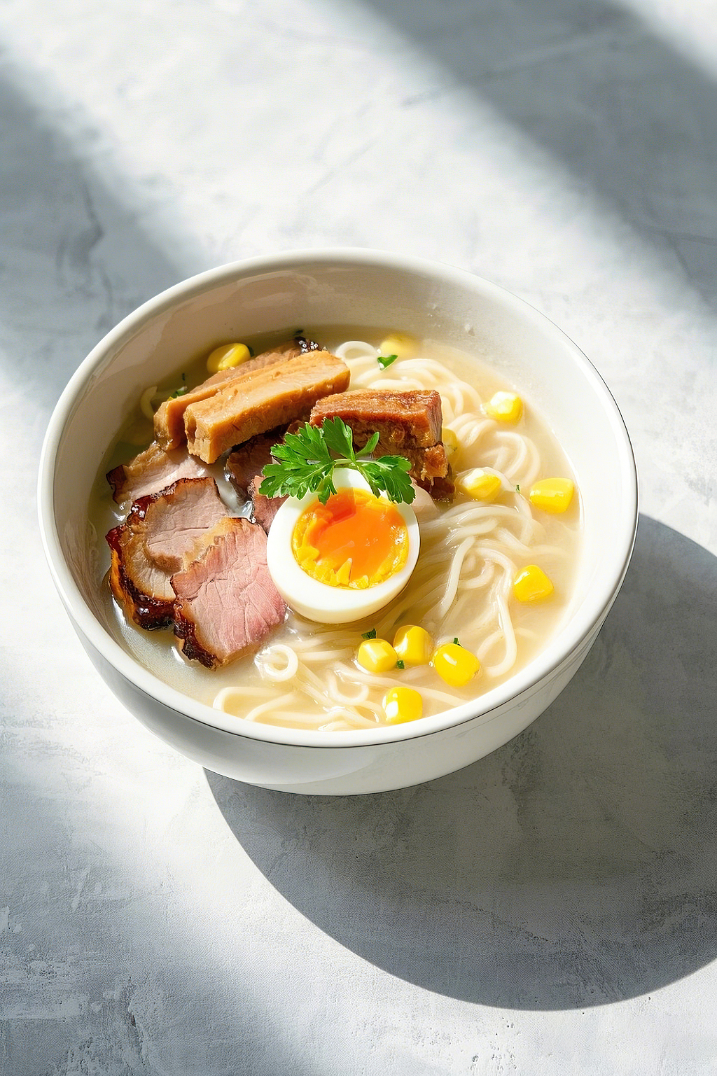日式拉面豚骨拉面汤面美食白色瓷碗中摆放精致的美味日式豚骨拉面	AI