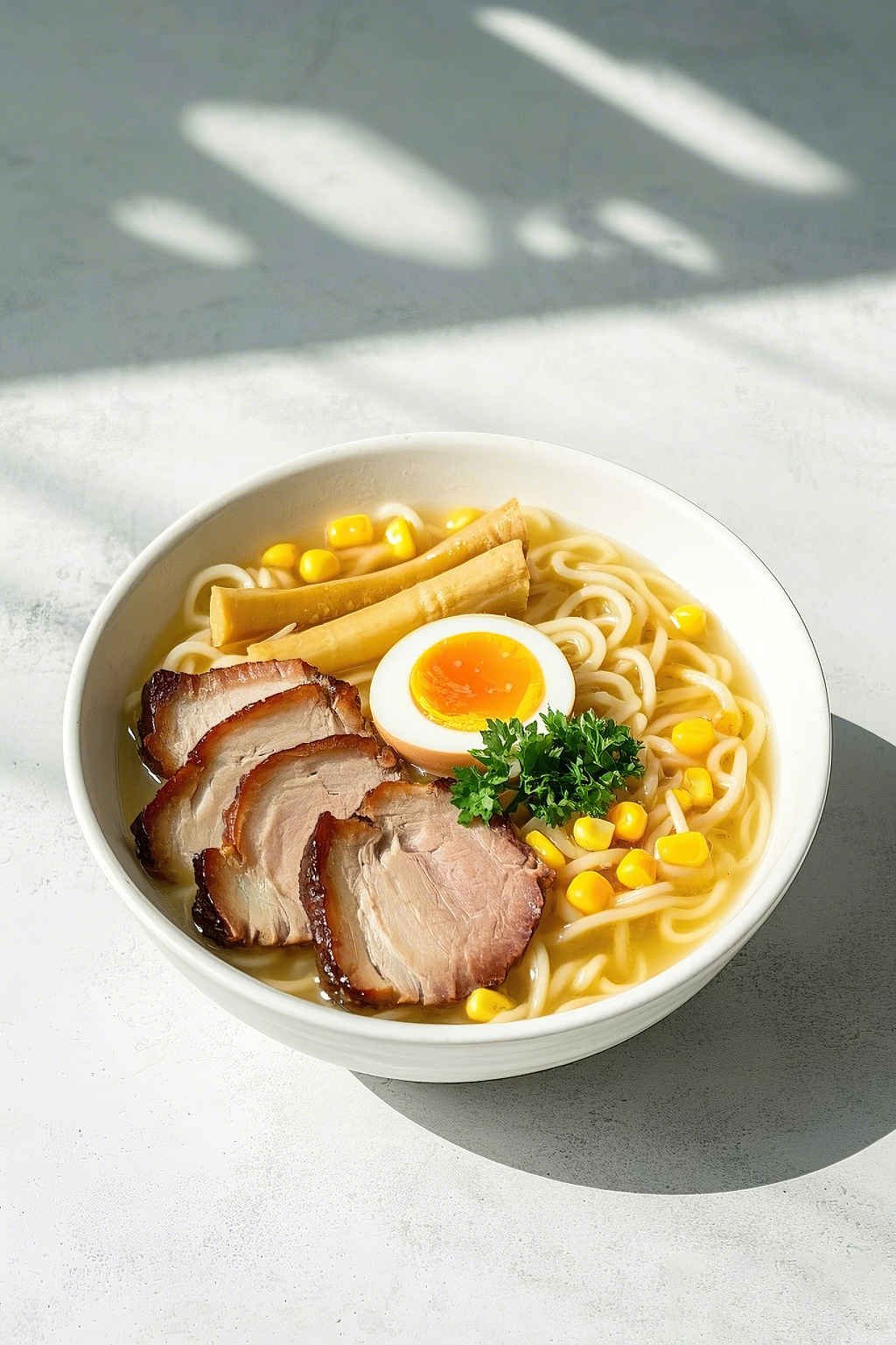 日式拉面豚骨拉面汤面美食白色瓷碗内食材丰富的营养日式豚骨拉面	AI