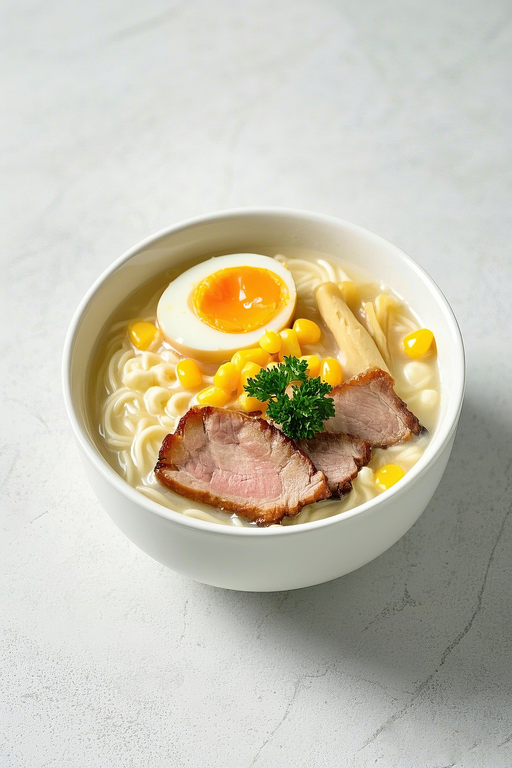 日式拉面豚骨拉面汤面美食白色瓷碗中造型美观的特色日式豚骨拉面	AI