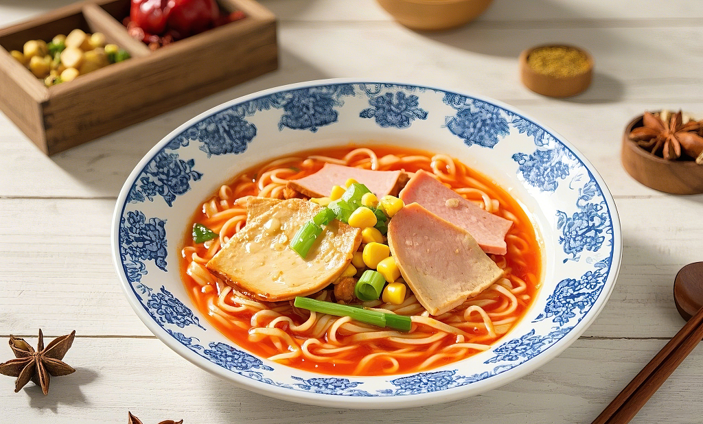 蓝白花纹瓷碗中食材丰富的诱人红烧拉面	AI