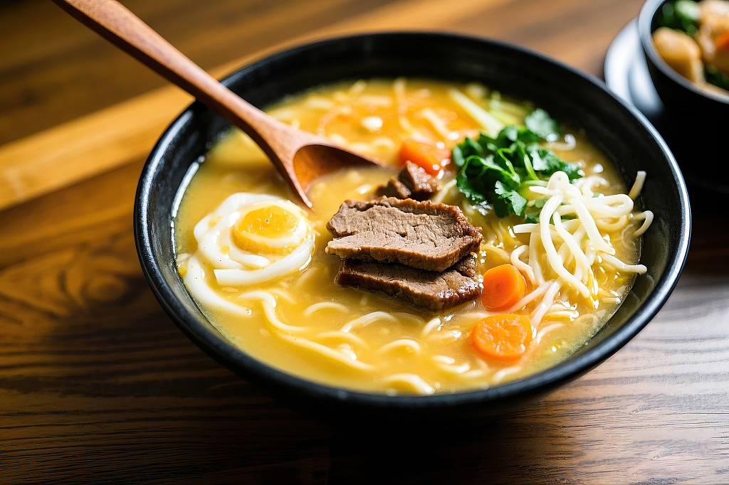 日式拉面豚骨拉面汤面美食黑色大碗中牛肉鸡蛋搭配的营养美味拉面	AI