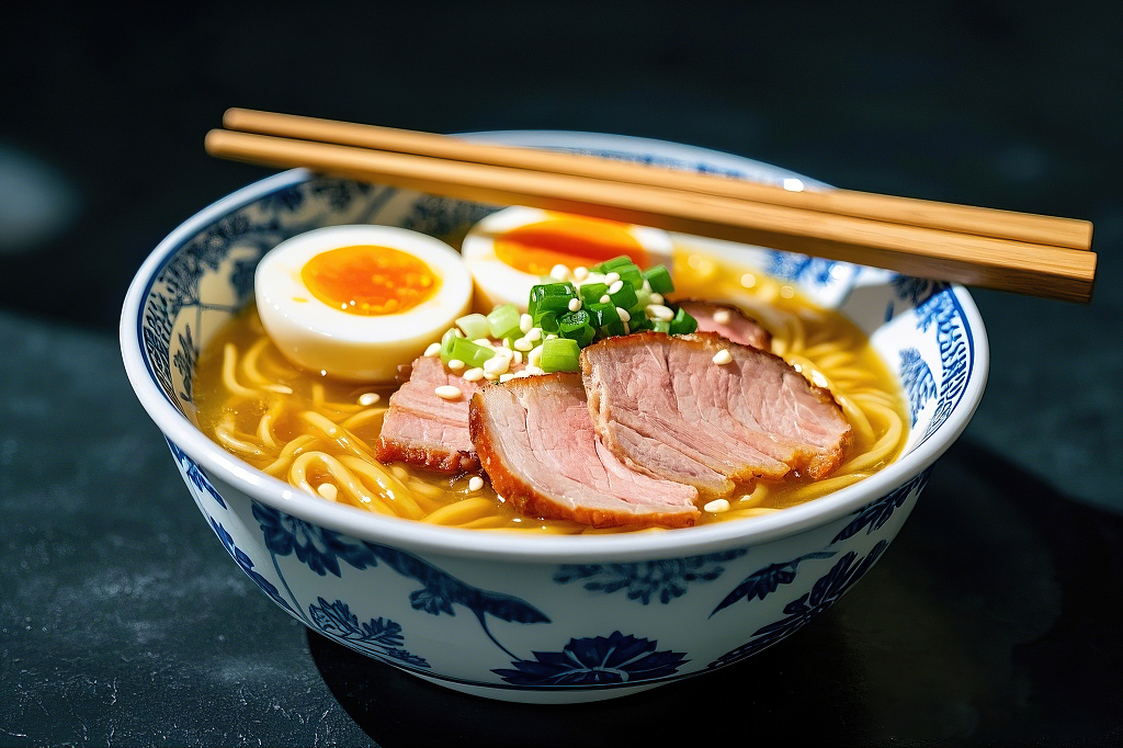 日式拉面豚骨拉面汤面美食蓝白花纹碗中色泽诱人的经典日式叉烧拉面	AI