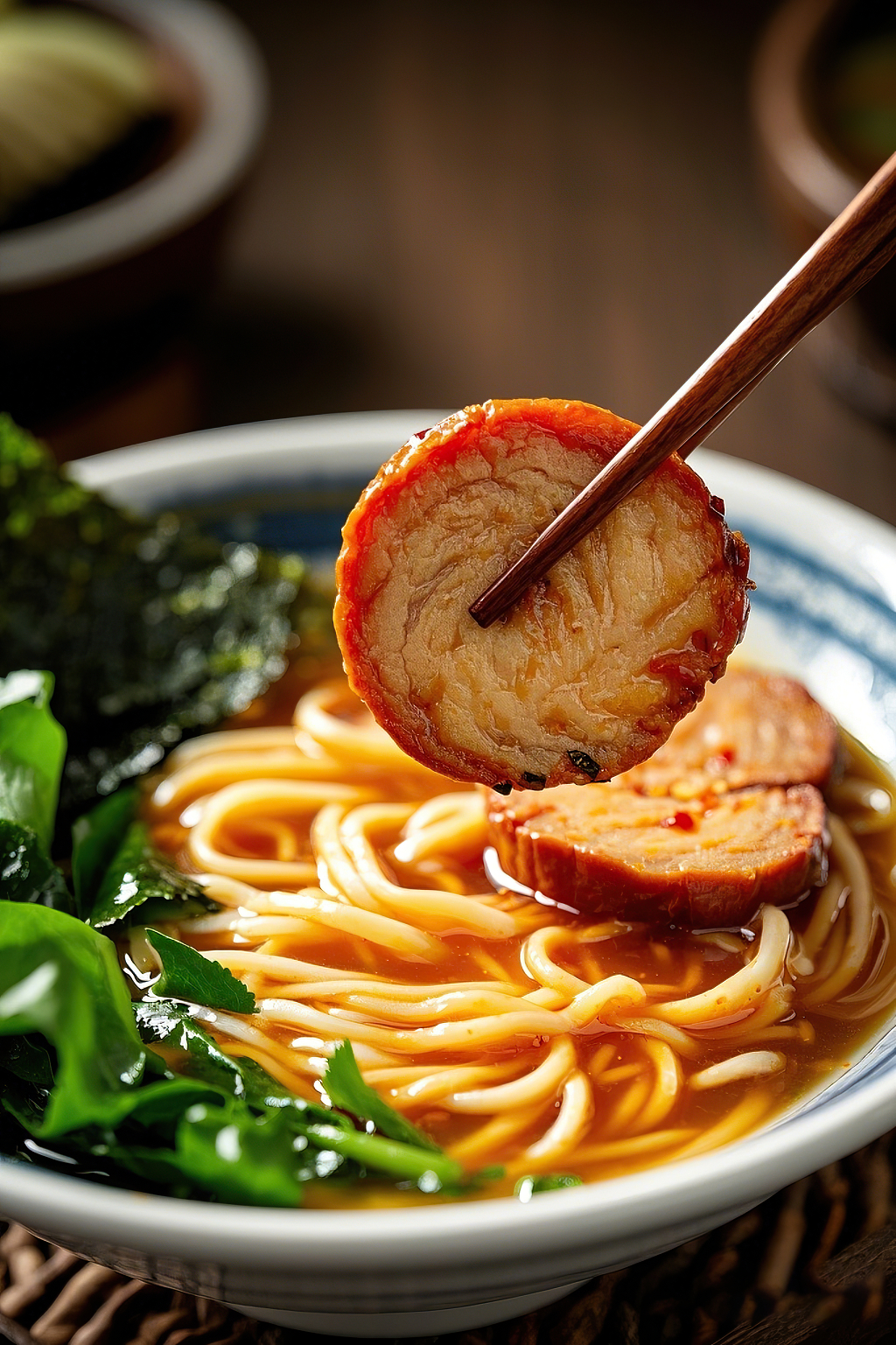 筷子夹起拉面中色泽诱人的美味叉烧肉片	AI