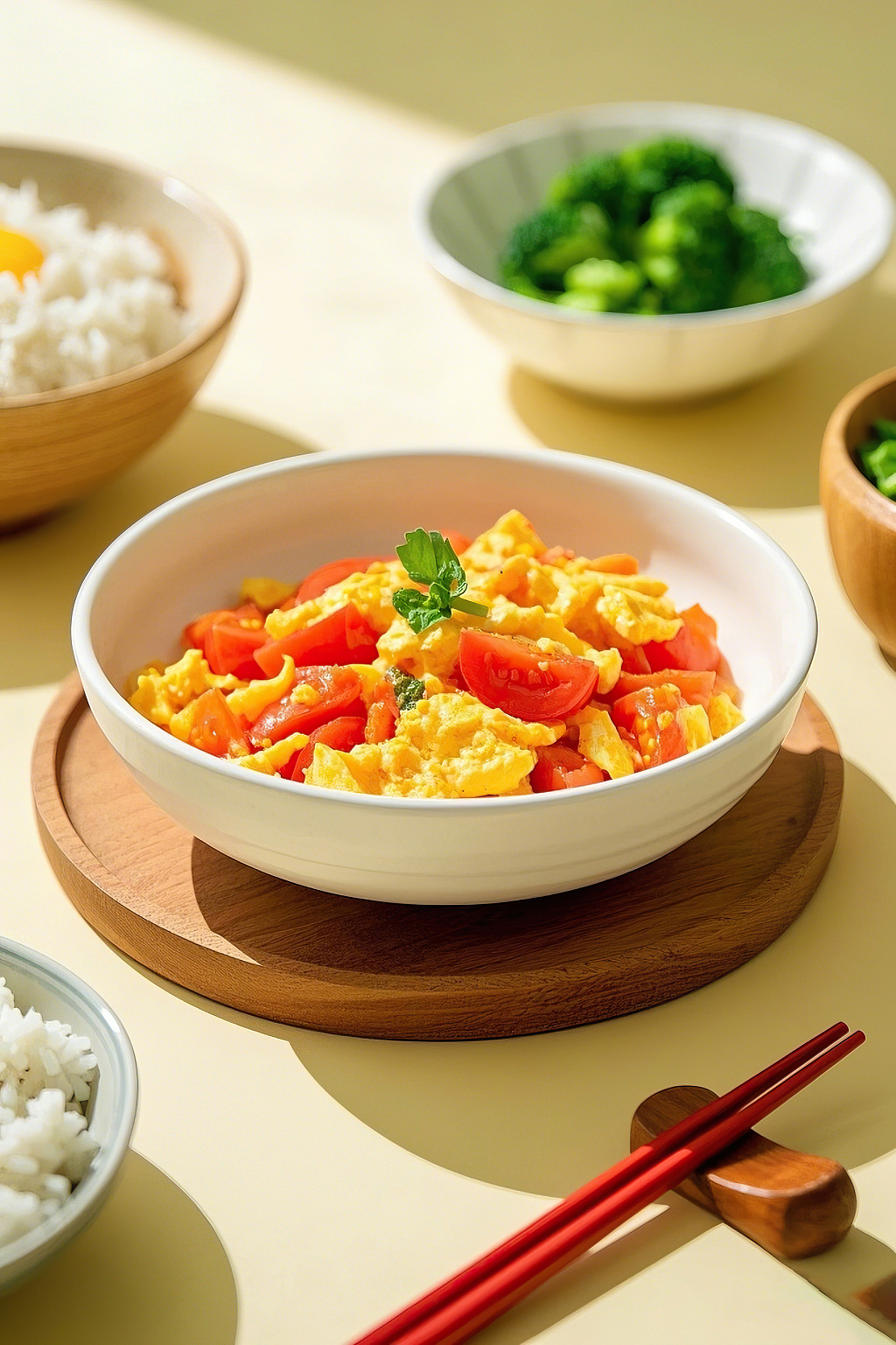 西红柿炒鸡蛋炒菜美食家常菜浅黄色桌面上白色碗内清新可口的西红柿炒鸡蛋	AI