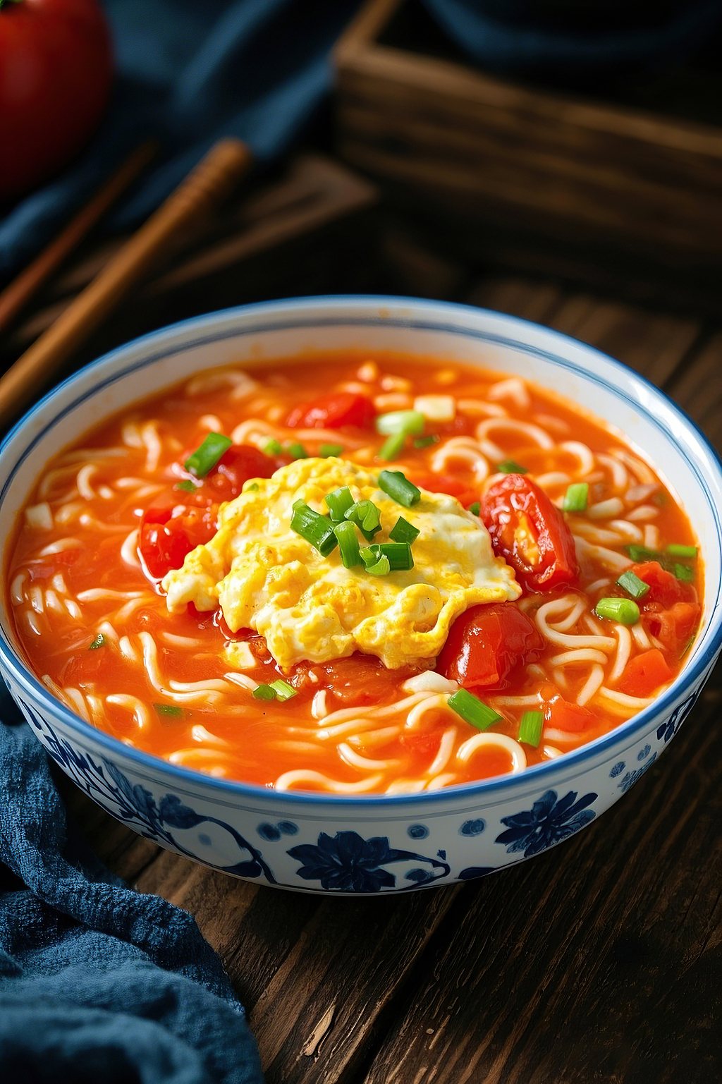 西红柿鸡蛋面美食蓝白花纹碗中色香味俱全的西红柿鸡蛋汤面	AI