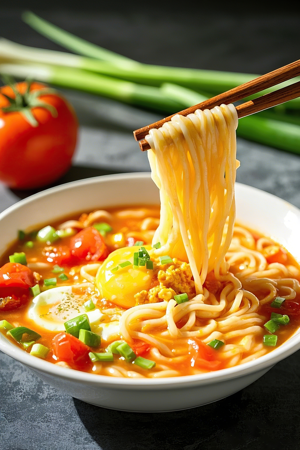 西红柿鸡蛋面美食筷子夹起的鲜香可口的西红柿鸡蛋汤面	AI