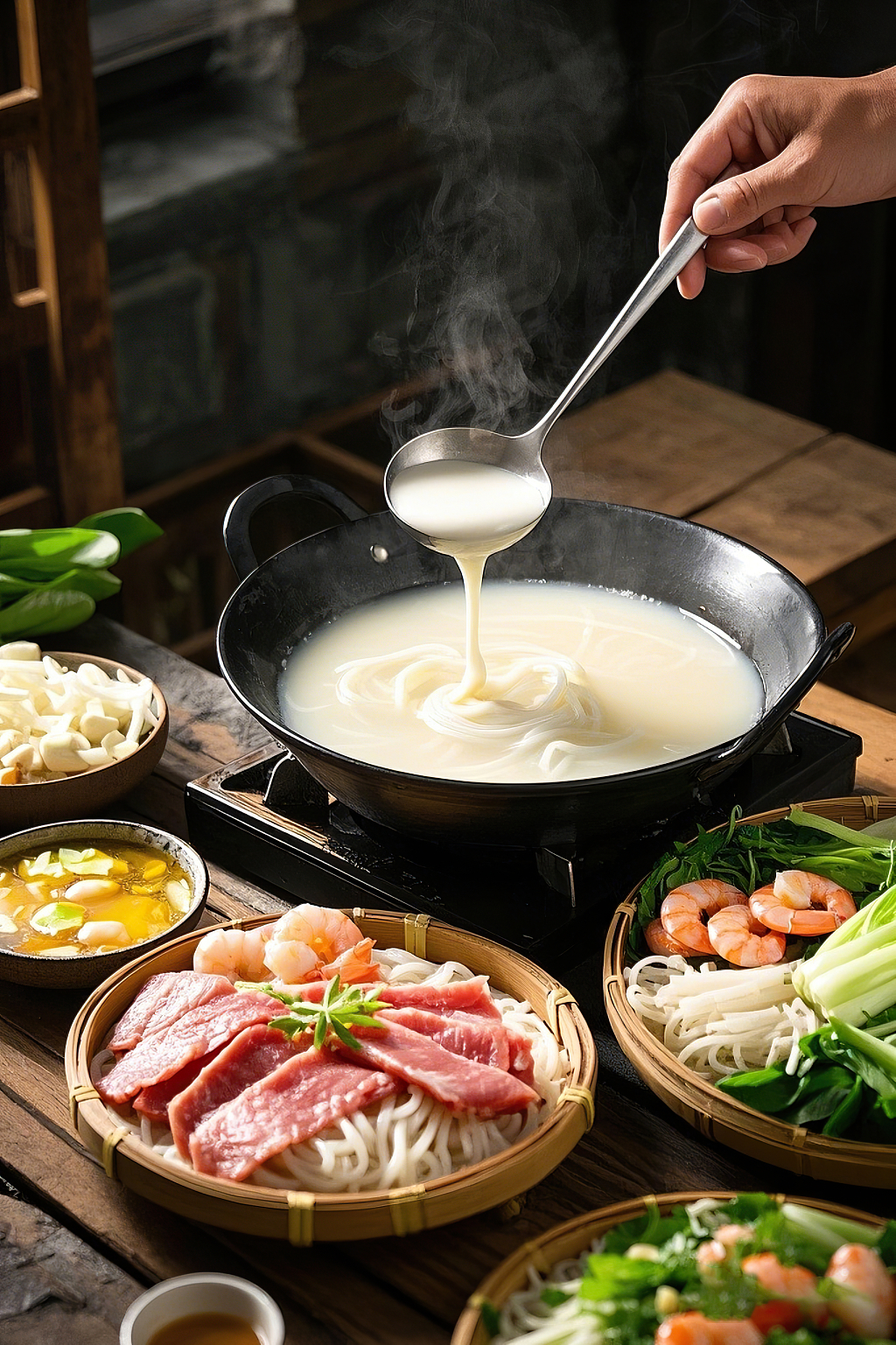 砂锅米线云南过桥米线美食木桌上热气腾腾正在浇汤的食材丰富米线	AI