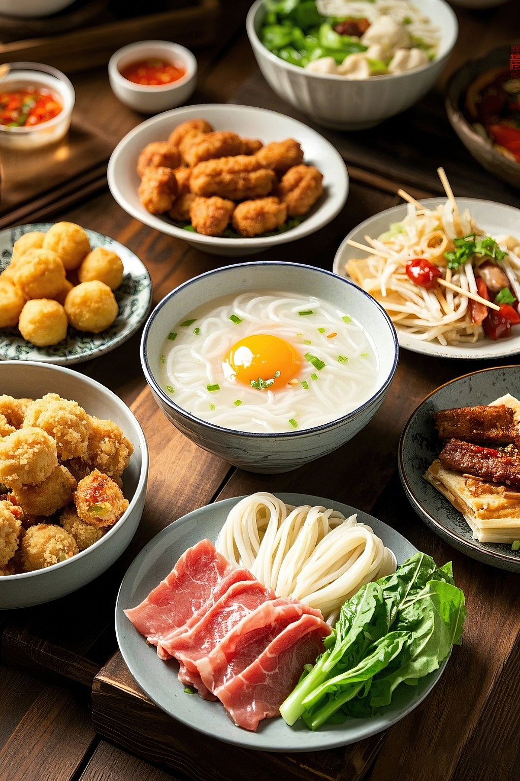 砂锅米线云南过桥米线美食木桌上摆放着的一碗鸡蛋配米线及多样小吃	AI