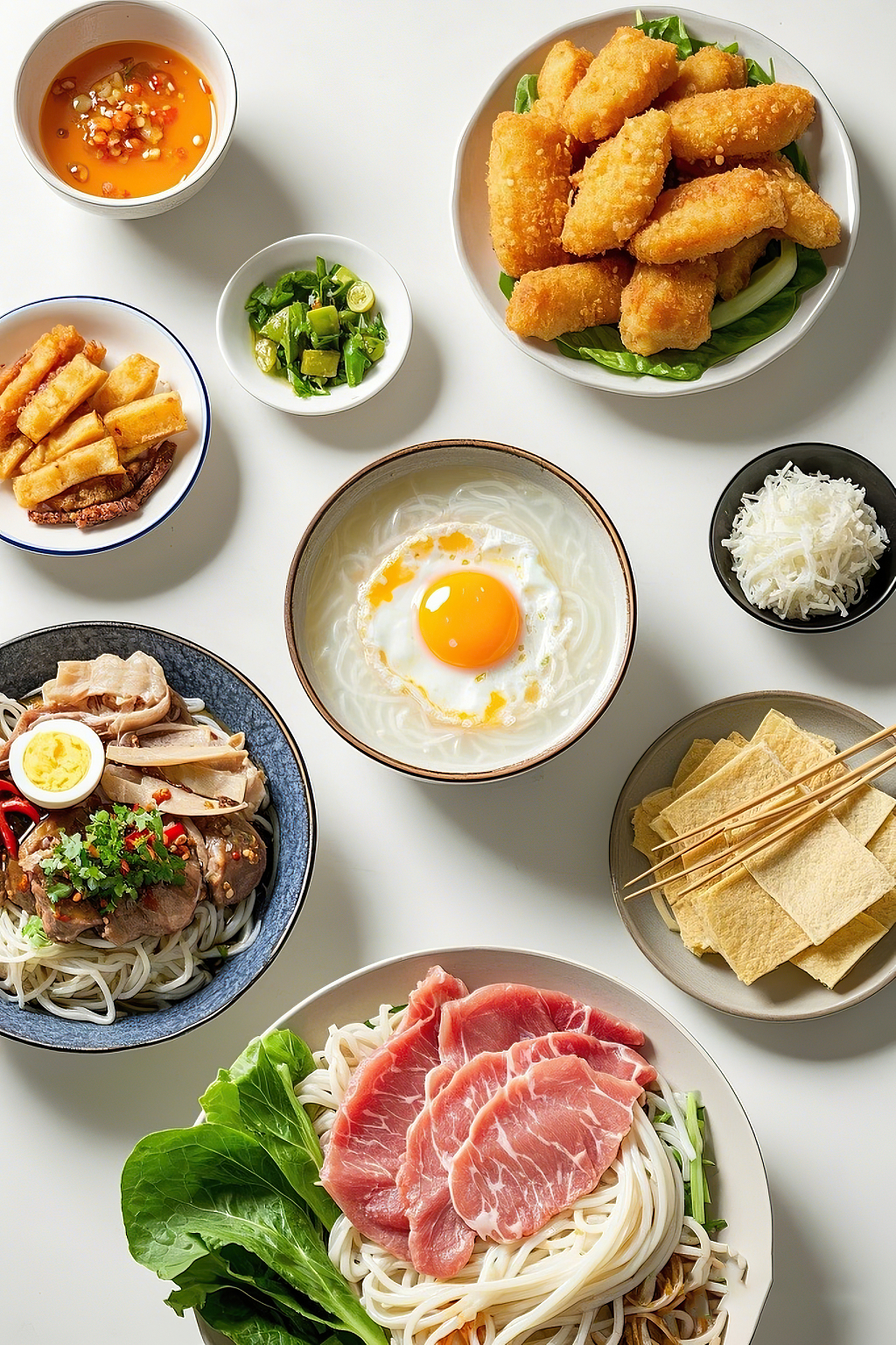 砂锅米线云南过桥米线美食白色桌面上摆放的丰富食材的米线套餐	AI