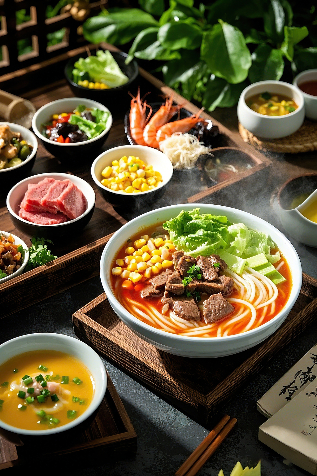 过桥米线传统美食木桌上大碗中牛肉玉米搭配的丰富配菜热米线	AI