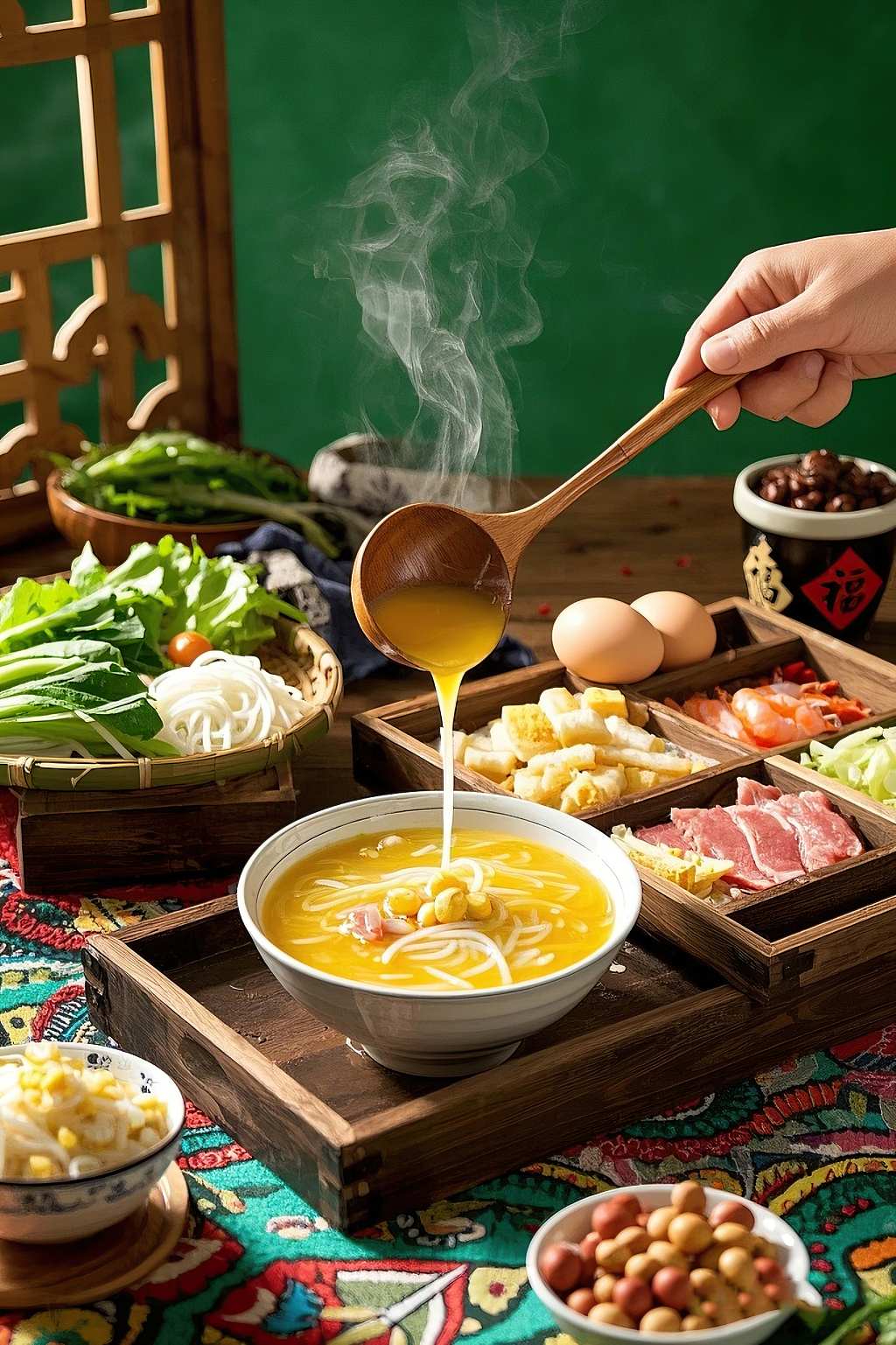 过桥米线传统美食木桌上正在浇汤的黄色汤汁丰富食材米线	AI