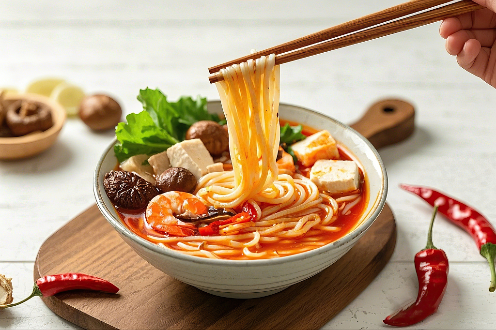 过桥米线传统美食白色桌面上筷子夹起的虾仁豆腐配料热汤面	AI