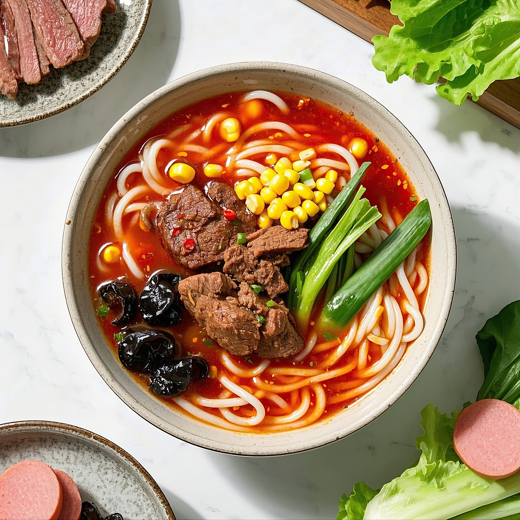 过桥米线传统美食白色桌面上摆放的牛肉玉米搭配的红色汤汁米线	AI