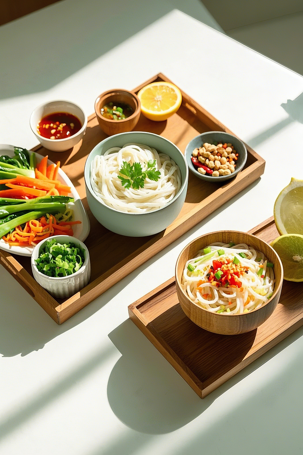 过桥米线传统美食白色桌面上木托盘装的清新爽口的凉拌米线套餐	AI