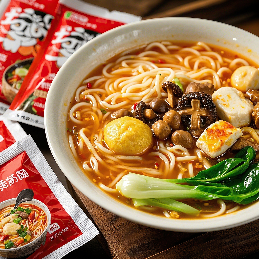 过桥米线传统美食木桌上摆放的调料包旁的豆腐蘑菇美味米线AI