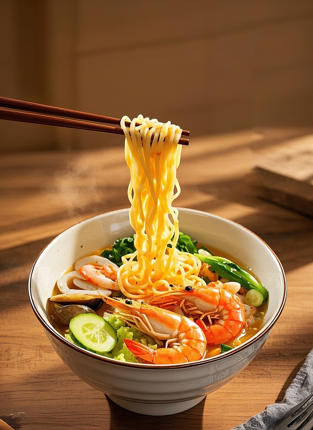 海鲜面美食面食木桌上白碗中筷子夹起的丰富海鲜蔬菜汤面	AI