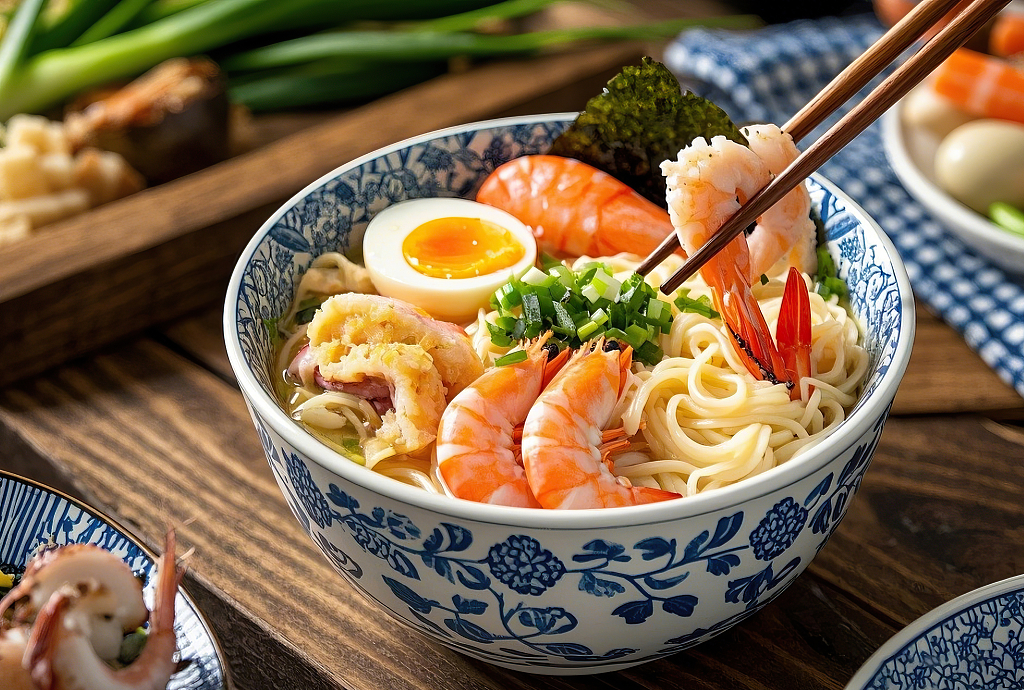 海鲜面美食面食木桌上蓝白花纹碗里筷子夹起的鲜虾溏心蛋拉面	AI