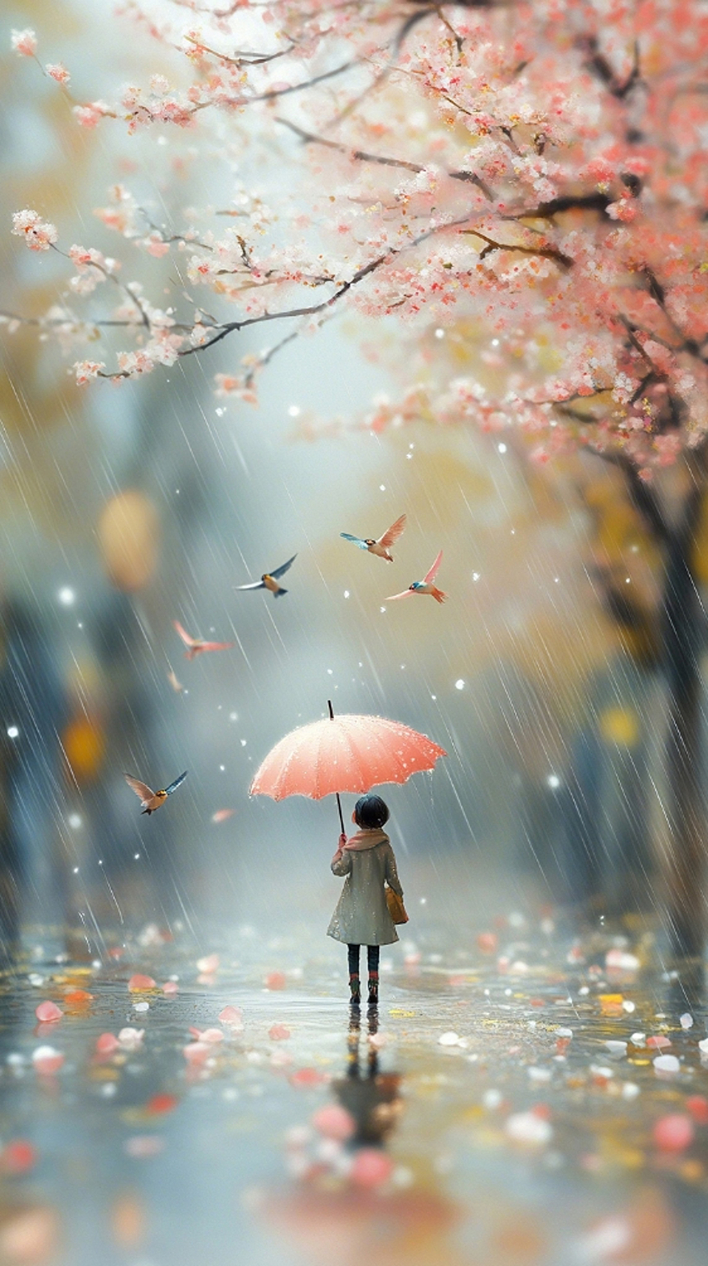 传统节日清明节春雨中撑伞漫步于樱花树下的孤独身影AI