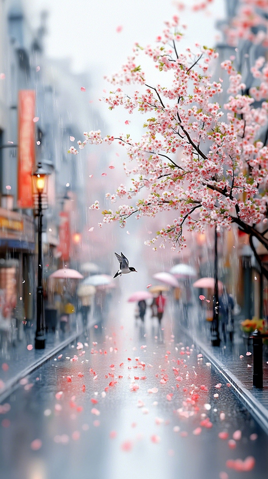 传统节日清明节春雨中樱花飘落街道的唯美景象AI