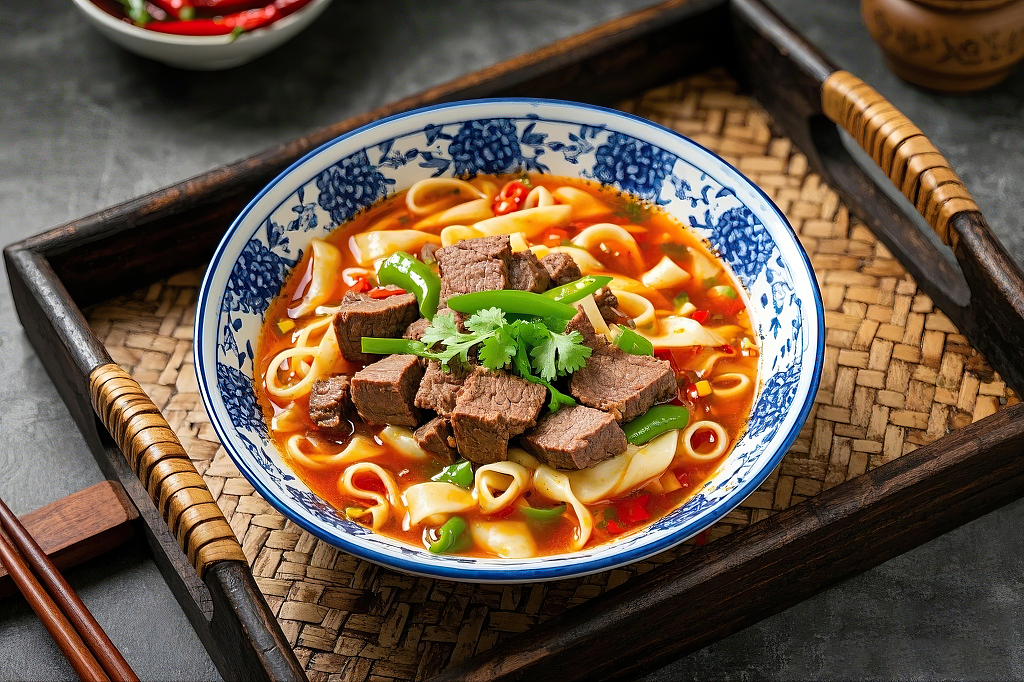面条拉面美食面食写实风格蓝白瓷碗红油牛肉拉面美食展示烩面	AI