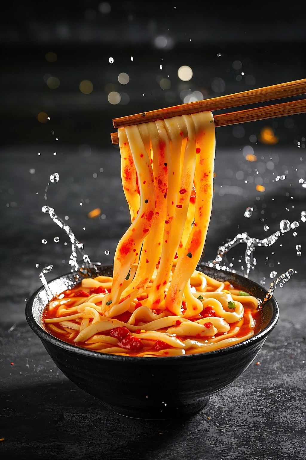 面条面食宽面美食写实风格黑色背景红油拉面裤带面水花飞溅诱人特写	AI