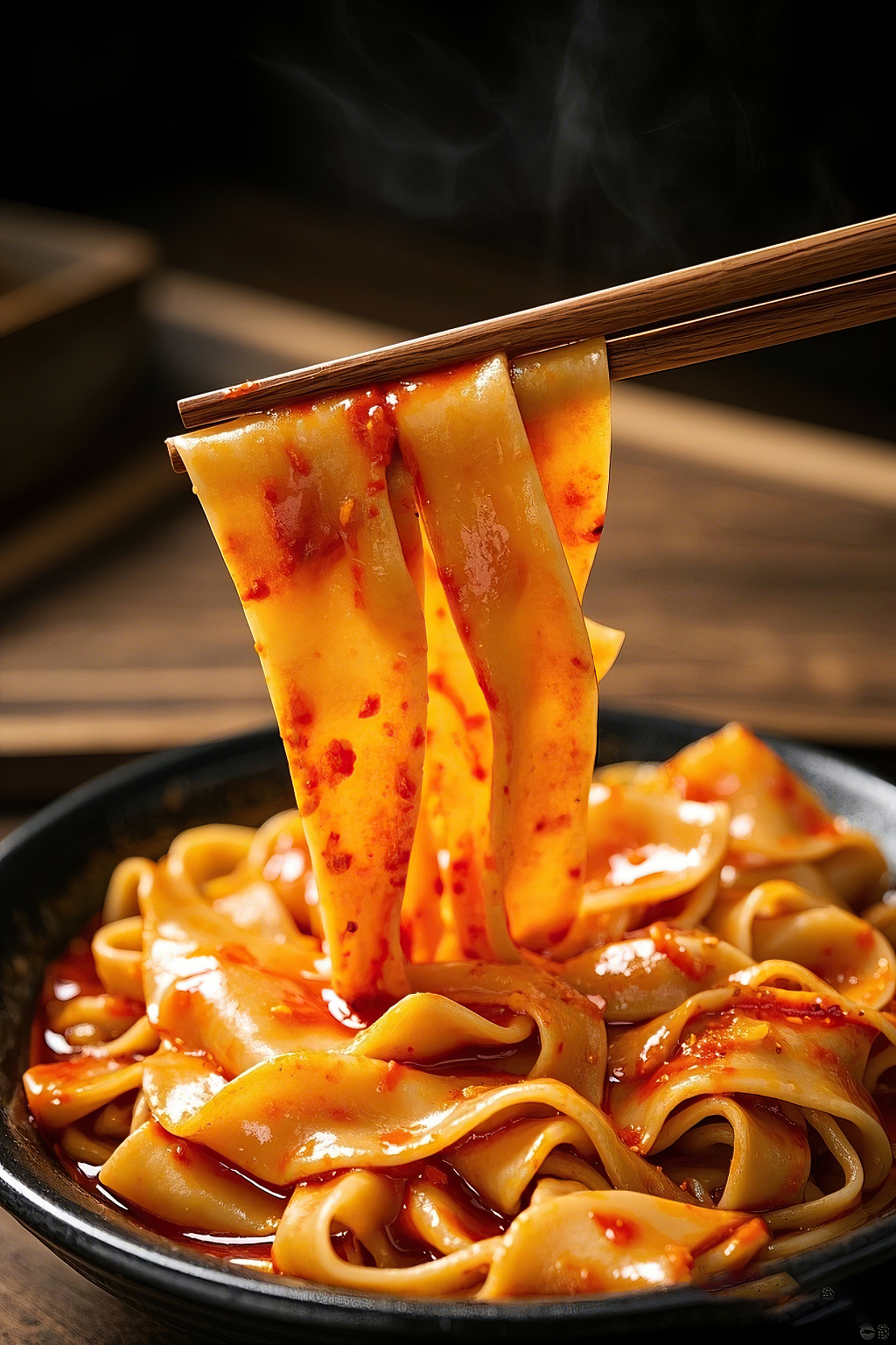 面条面食宽面美食写实风格黑色背景干拌宽面裤带面热气腾腾画面	AI