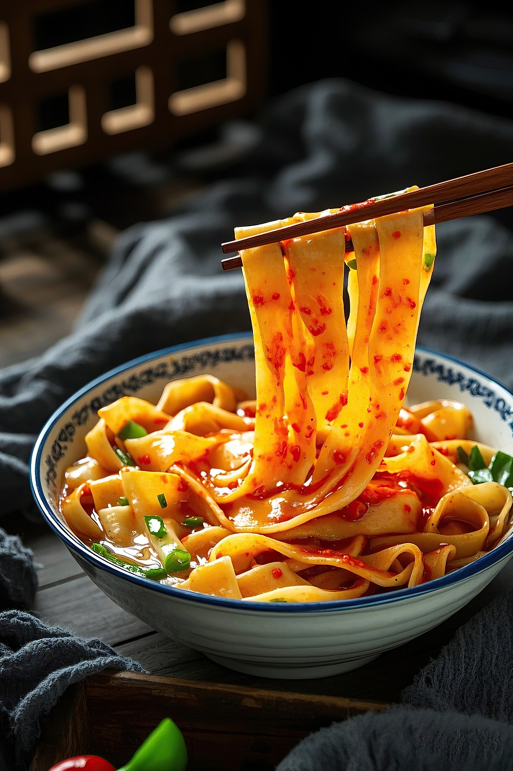 面条面食宽面美食写实风格中式背景红油宽面裤带面筷子夹面场景	AI