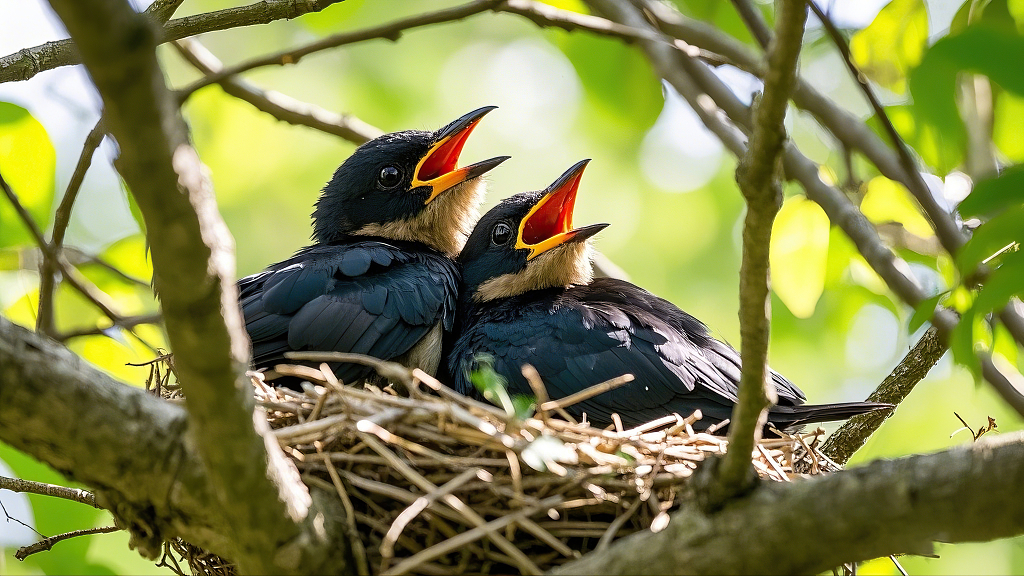 写实风格鸟巢中幼鸟张嘴待哺生动画面动物自然AI