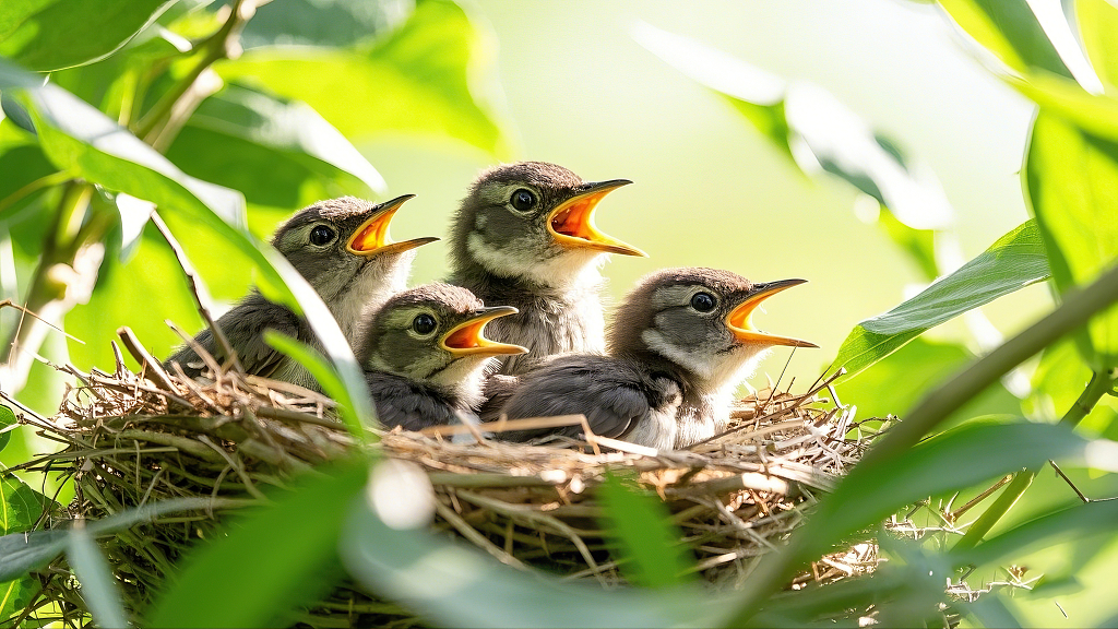 写实风格绿叶间鸟巢中灰色幼鸟待哺画面AI
