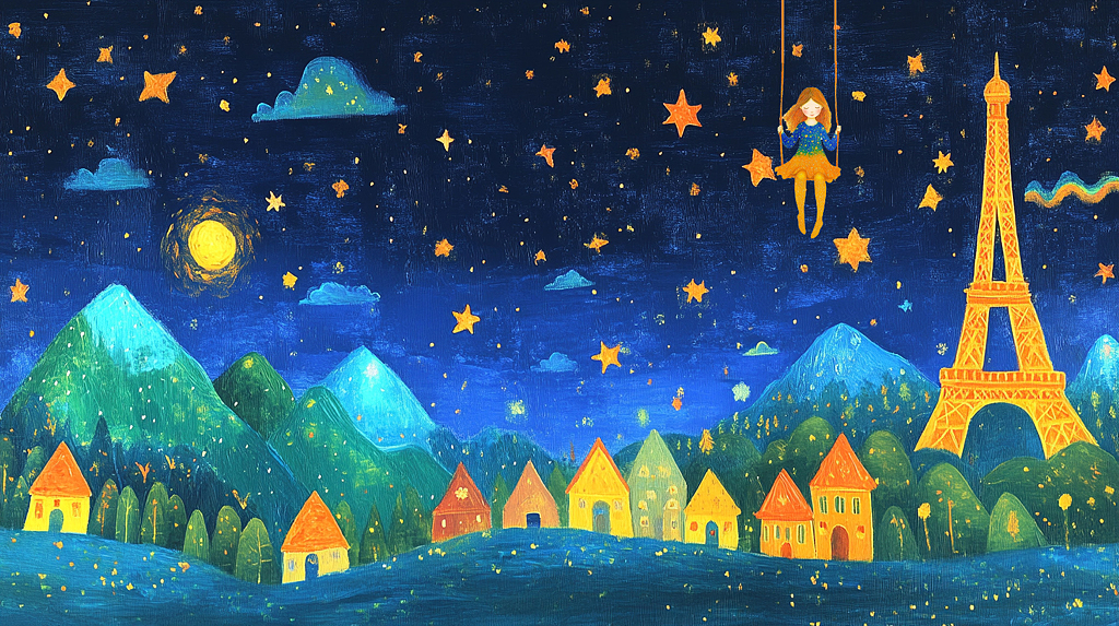 小学教育兴趣班培训爱好培训梦幻夜晚小女孩在星空下的铁塔旁荡秋千的童话世界AI