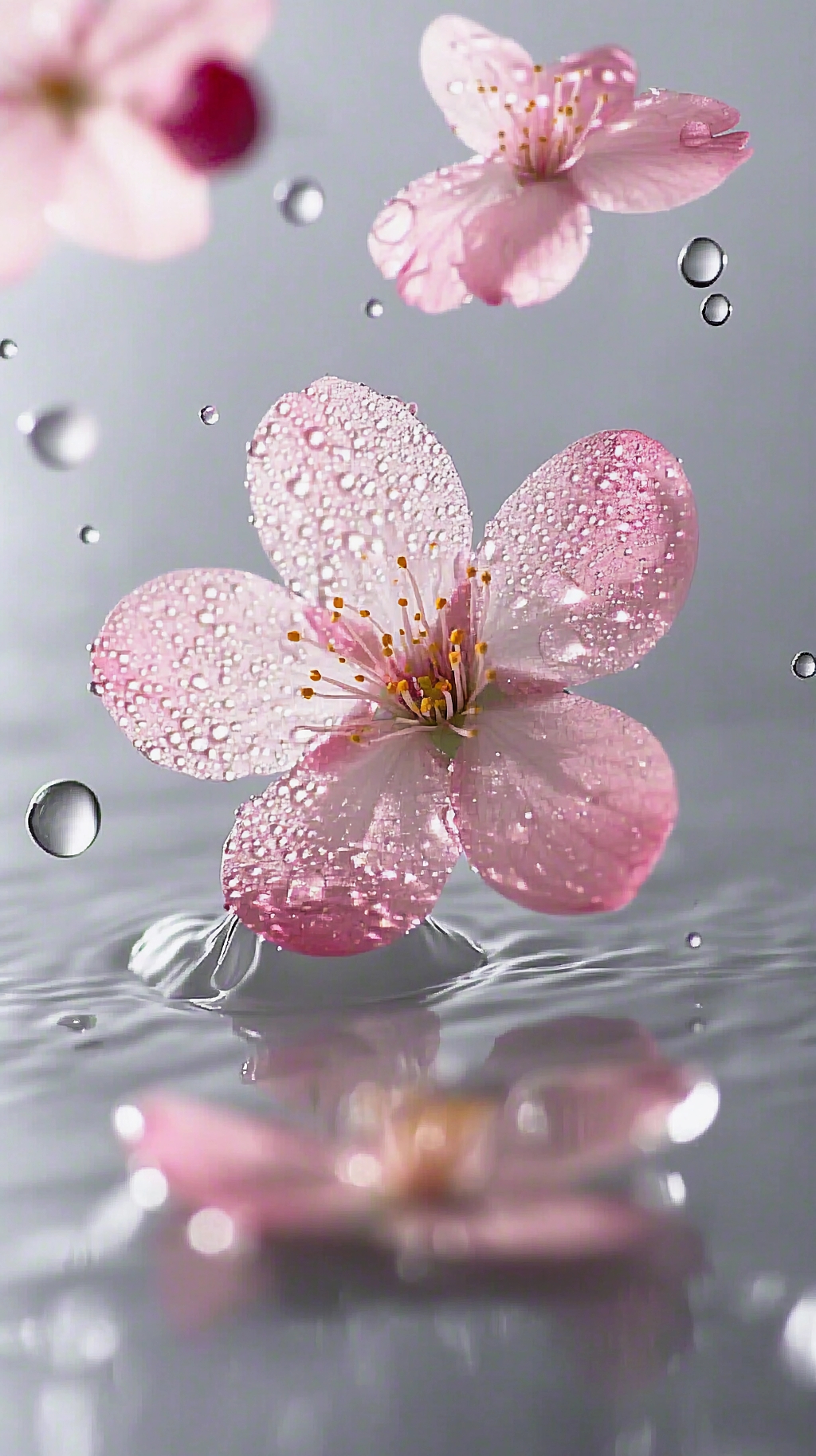 带水珠的粉色小花飘落水面泛起涟漪的精致画面AI