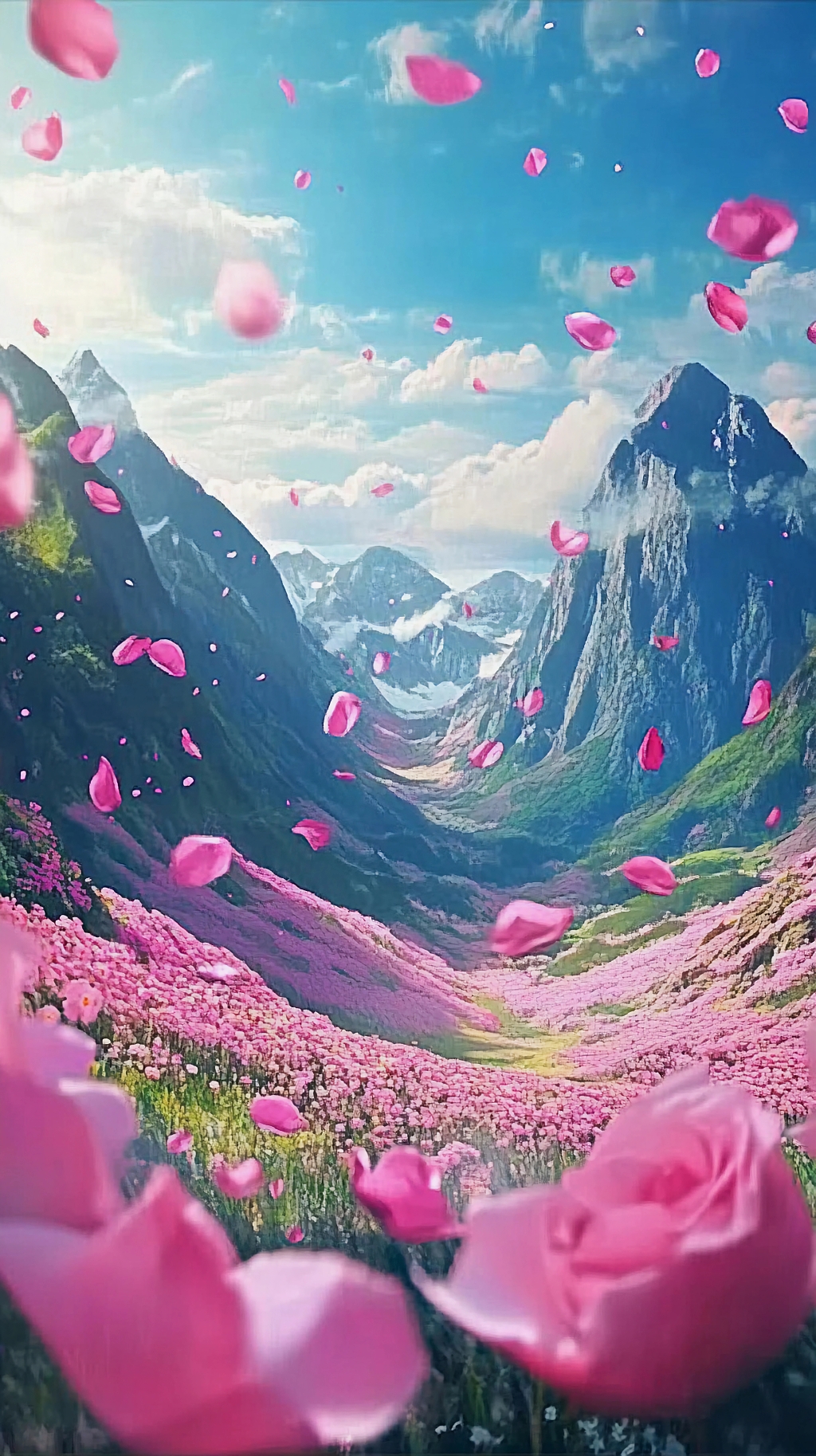 山谷中粉色花朵盛开花瓣漫天飞舞的壮丽自然画面AI