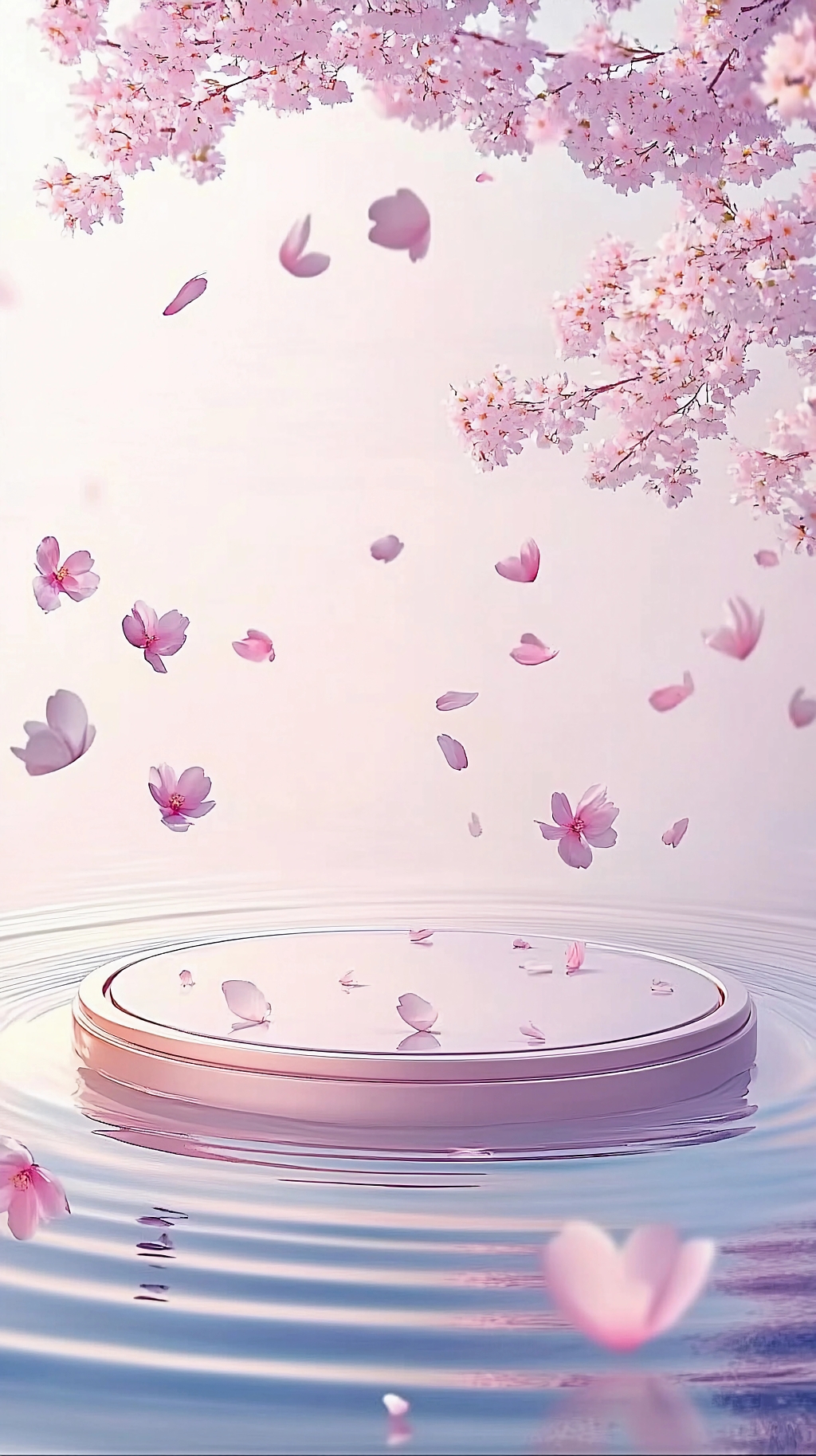 花瓣水面上圆形平台周围樱花飘落营造梦幻氛围的画面AI