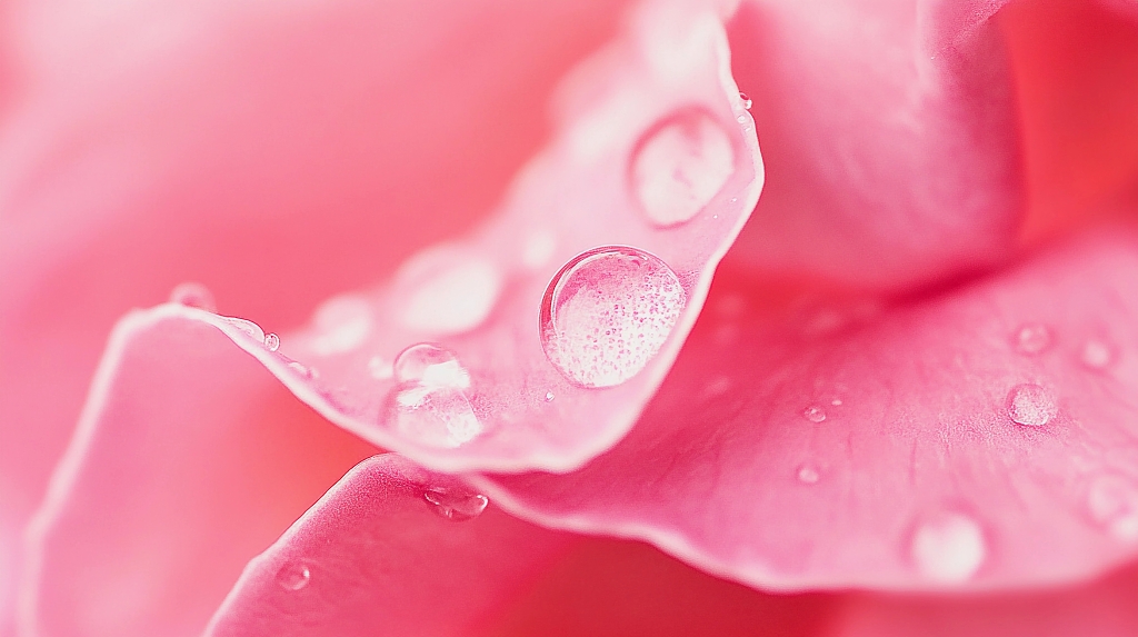 粉色花瓣带水珠呈现清新质感的微观画面AI