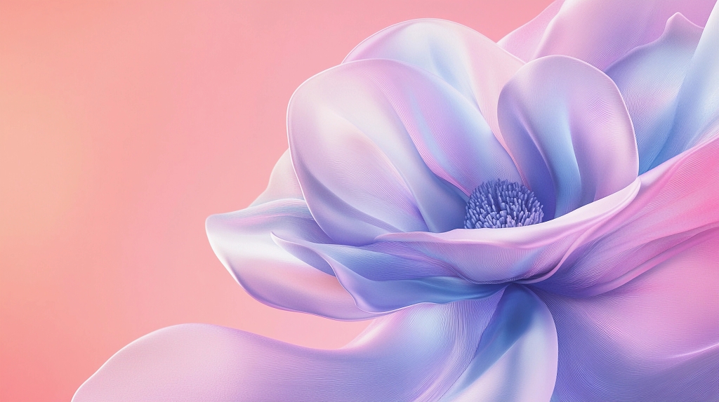 淡粉色背景衬托蓝粉渐变花瓣的优雅花朵画面AI