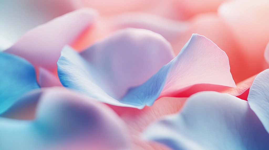 蓝粉花瓣交织展现梦幻层次感的花朵画面AI