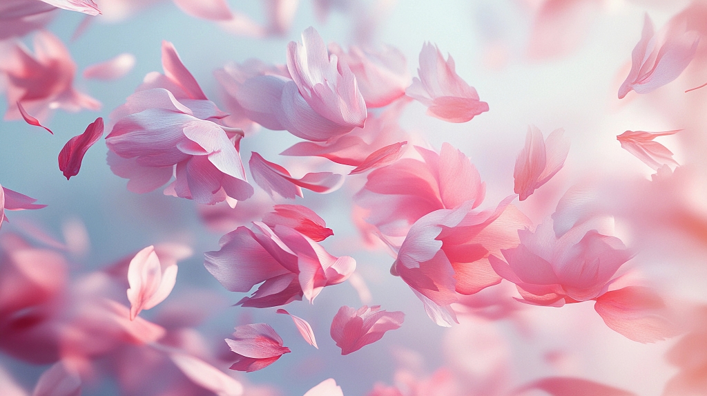 粉色花瓣空中飞舞营造梦幻浪漫氛围的画面AI