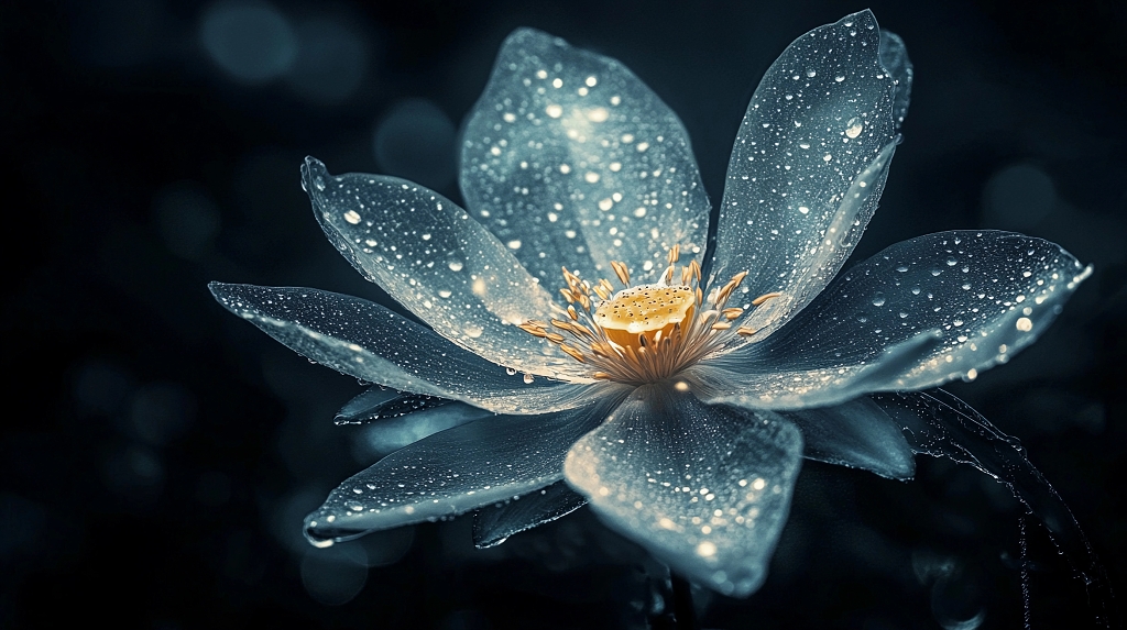 花瓣透明质感花朵在深色背景下闪烁水珠的梦幻画面AI