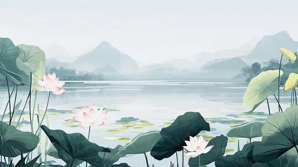 荷花荷叶夏荷山水间粉色莲花与荷叶构成的中式意境画面AI