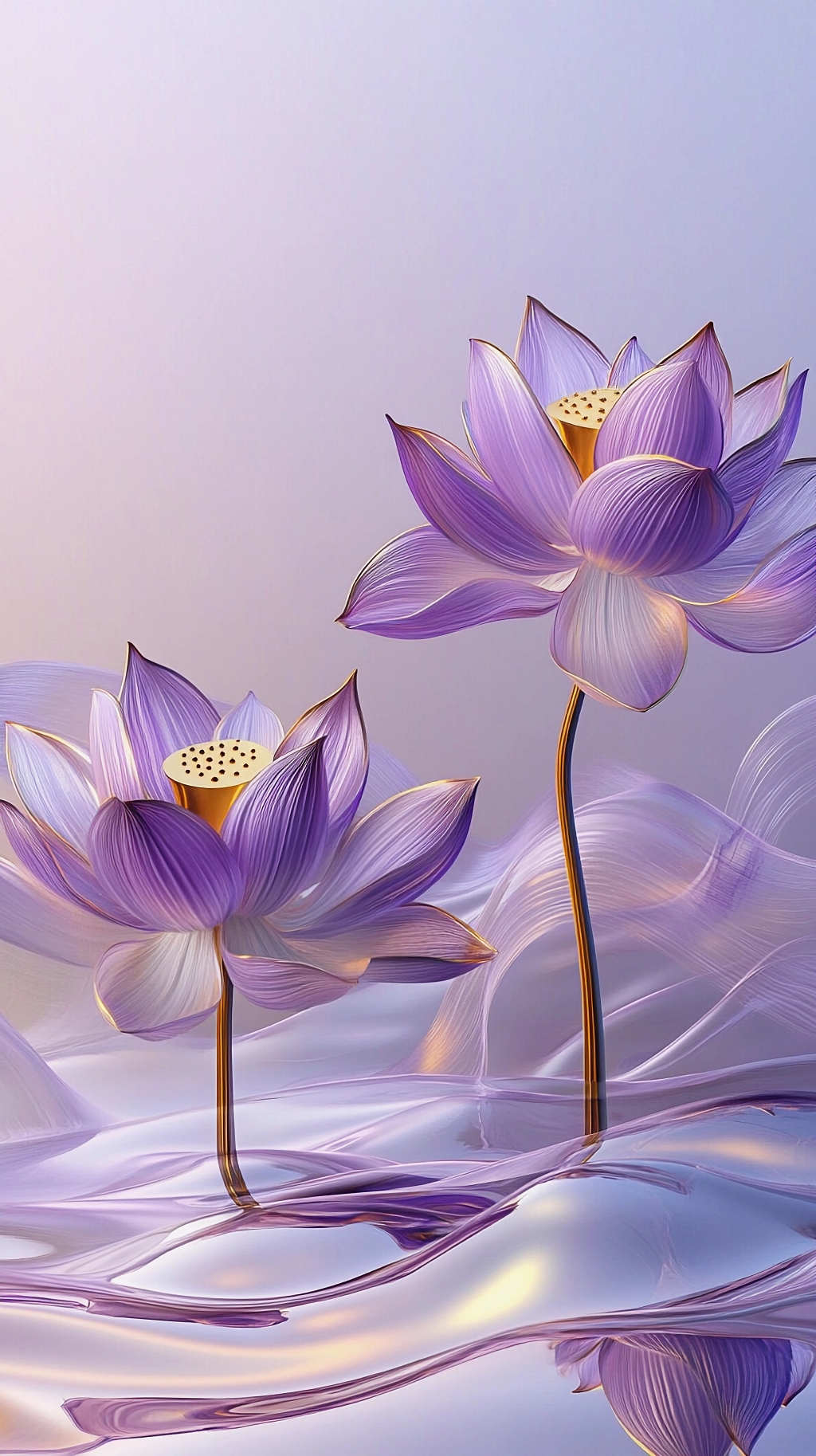 荷花荷叶夏荷紫色莲花在淡紫色水面呈现梦幻感的画面AI