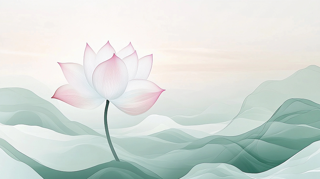 荷花荷叶夏荷粉色莲花于淡彩山水间营造宁静意境的画面AI