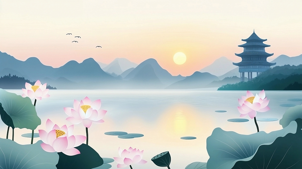 荷花荷叶夏荷粉色莲花于湖泊山水间展现中式风情的画面AI