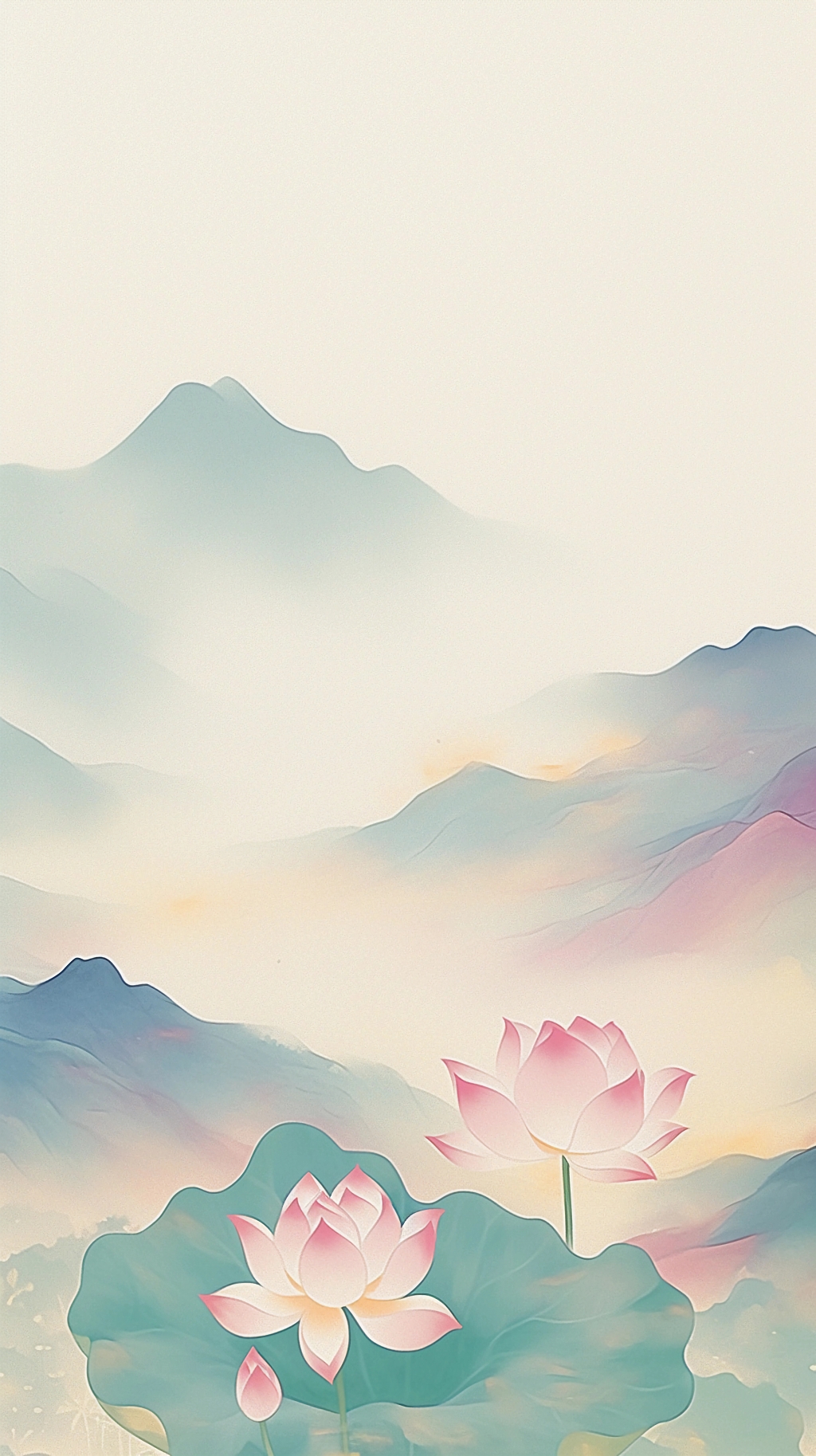 荷花荷叶夏荷粉色莲花在淡彩山水间营造柔和氛围的画面AI