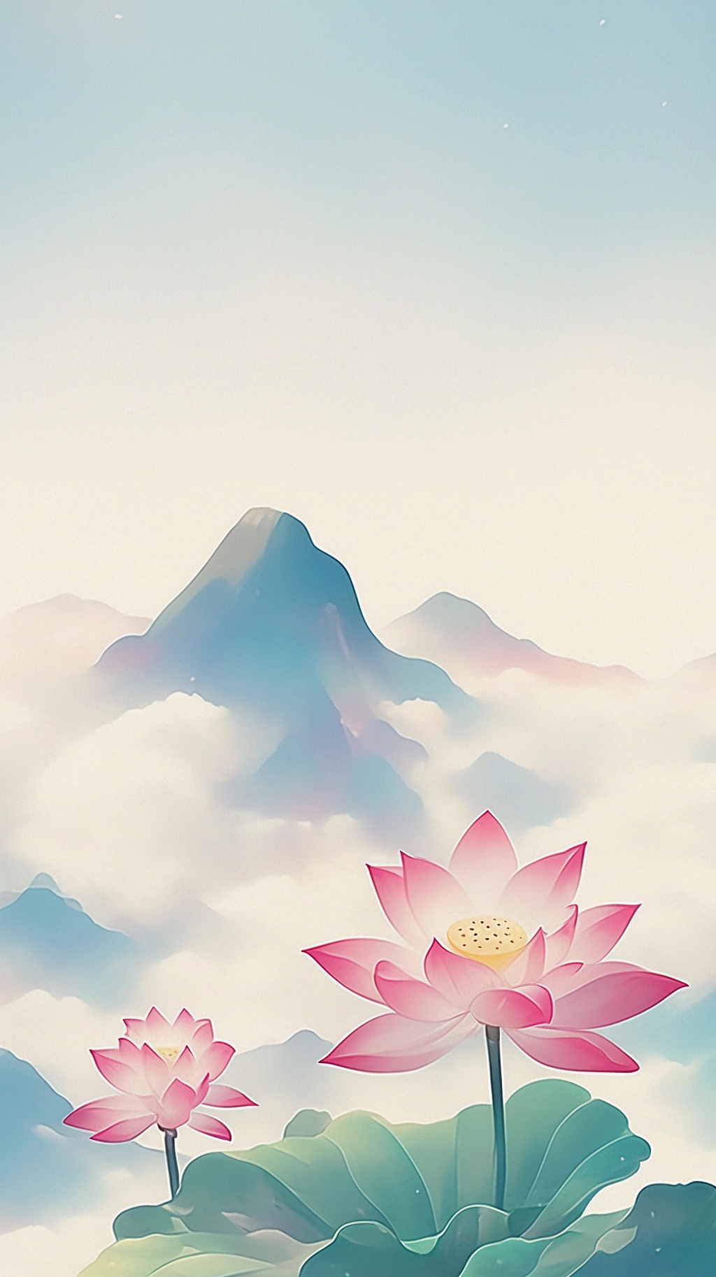 荷花荷叶夏荷粉色莲花在云雾缭绕山间呈现空灵意境的画面AI