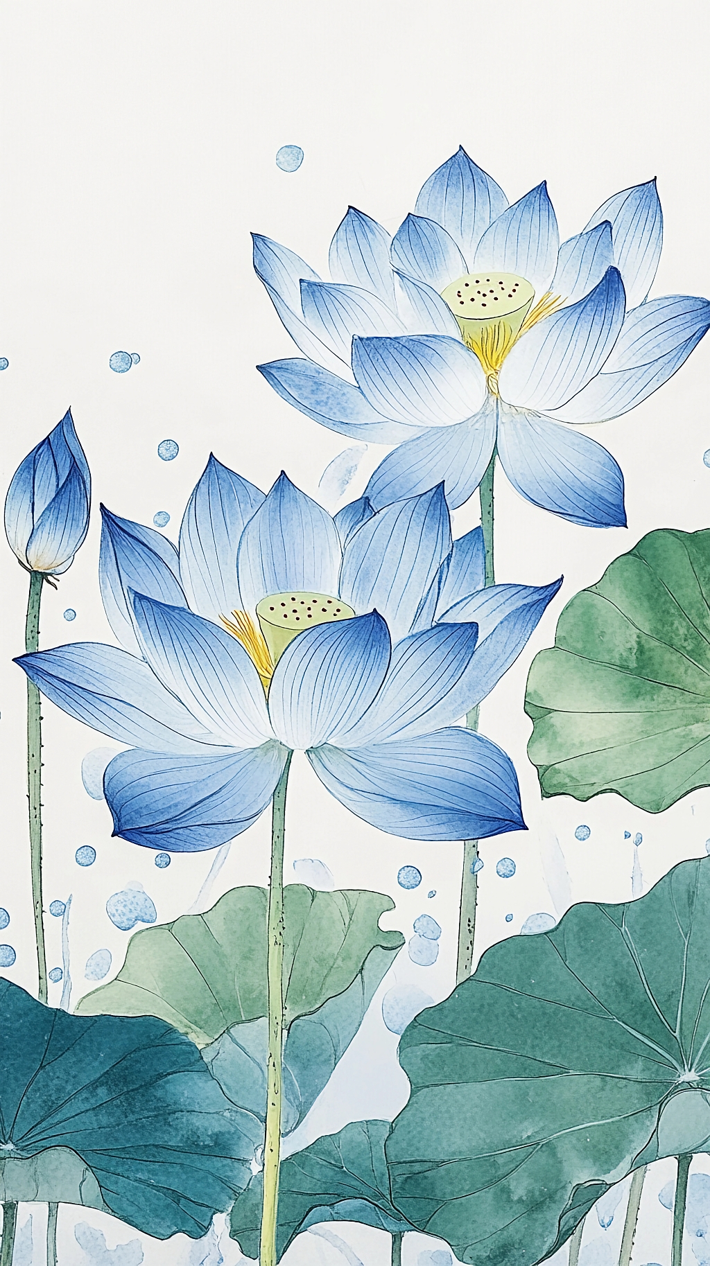 荷花荷叶夏荷蓝白水彩风格荷花搭配荷叶展现清新雅致的画面AI